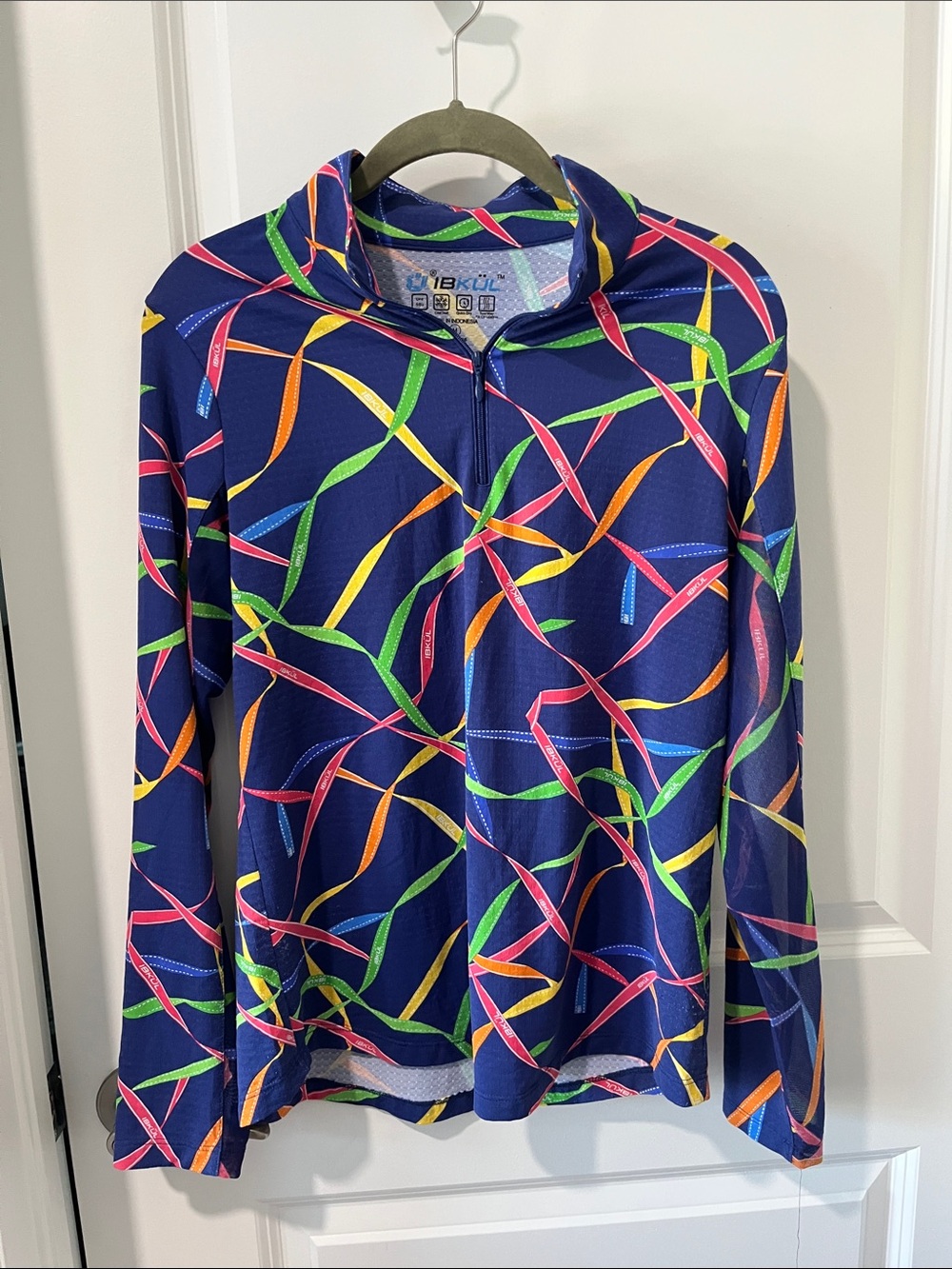 IBKUL Navy Pullover with Neon RibbonS Pattern Accents SZ M